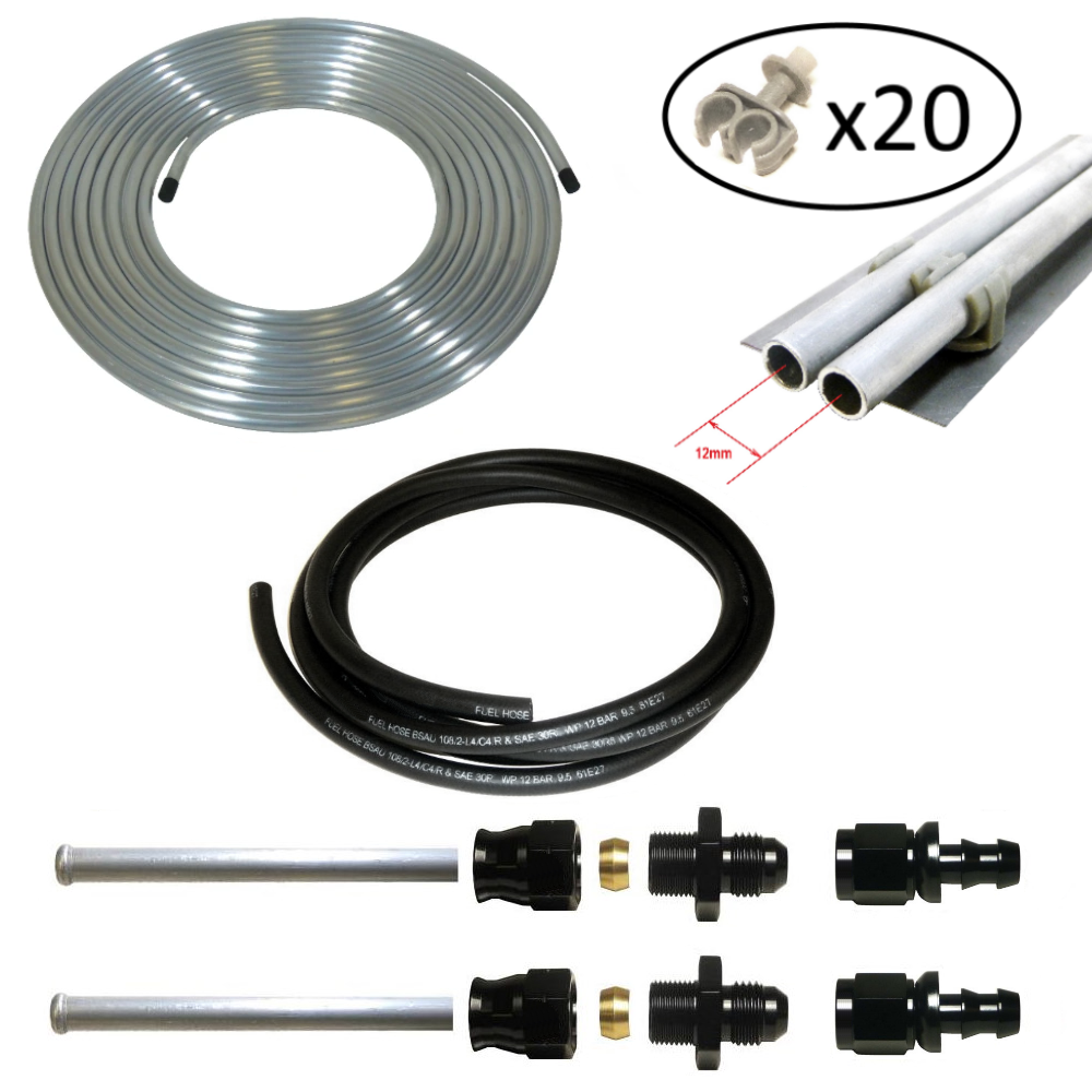 3/8" Push On Fittings Hard Fuel Line Kit With R9 Rubber Hose- Grey Brackets (F002-KIT-R9-GREY)