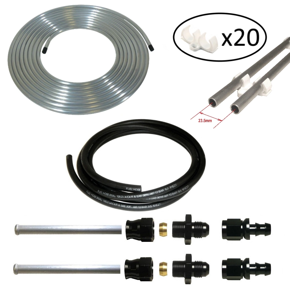 3/8" Push On Fittings Hard Fuel Line Kit With R9 Rubber Hose - White Brackets (F002-KIT-R9-WHITE)